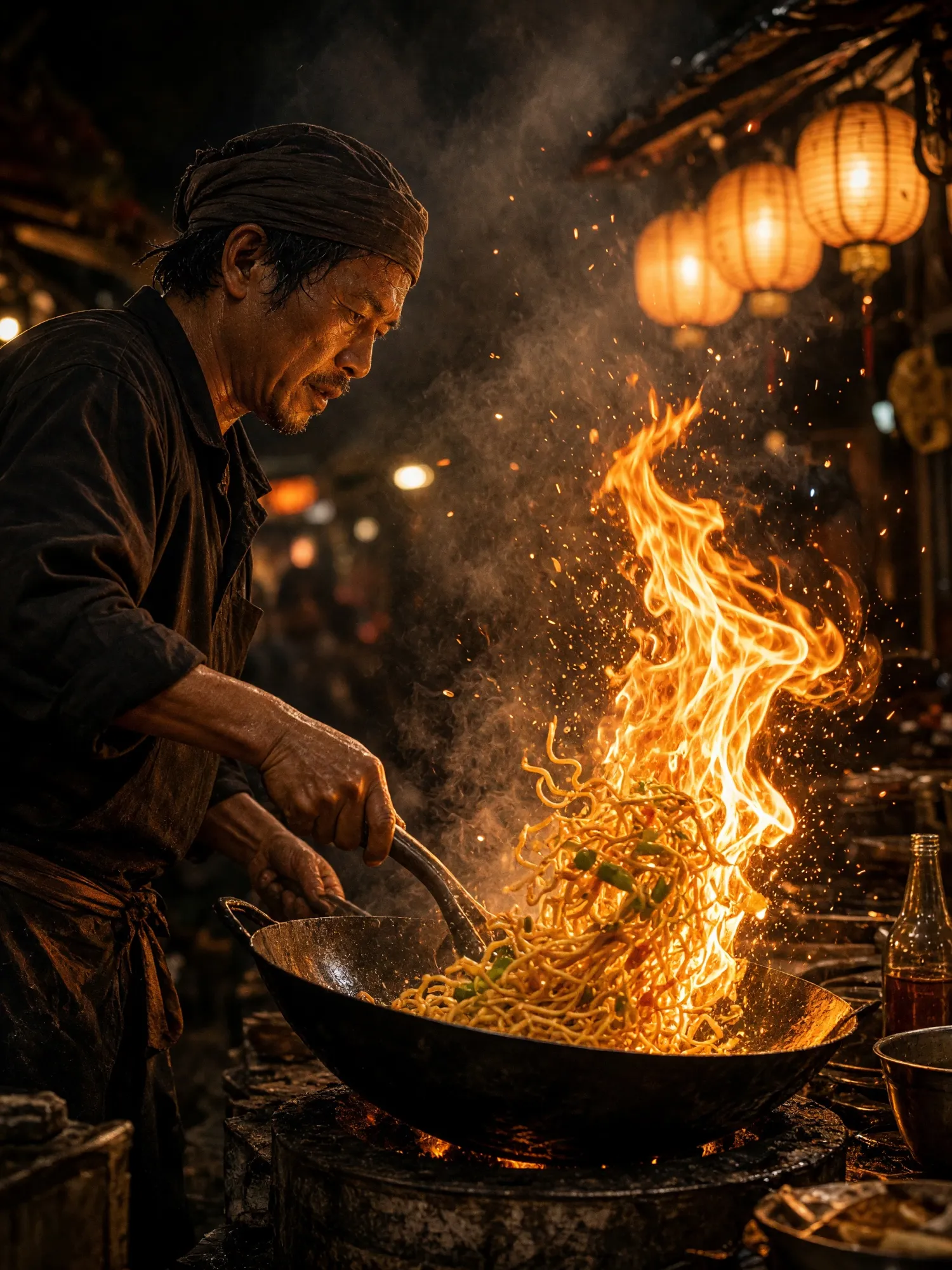 Un cuisinier fait sauter des nouilles dans un wok en flammes sur un marché de nuit, étincelles et vapeur